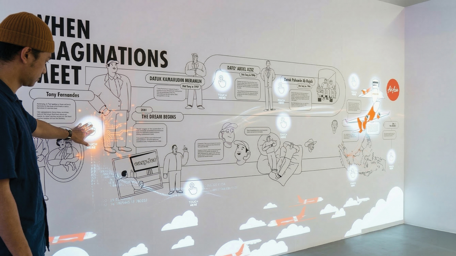 AirAsia Founders' Gallery — multi-panel interactive timeline wall at AirAsia RedQ HQ Sepang