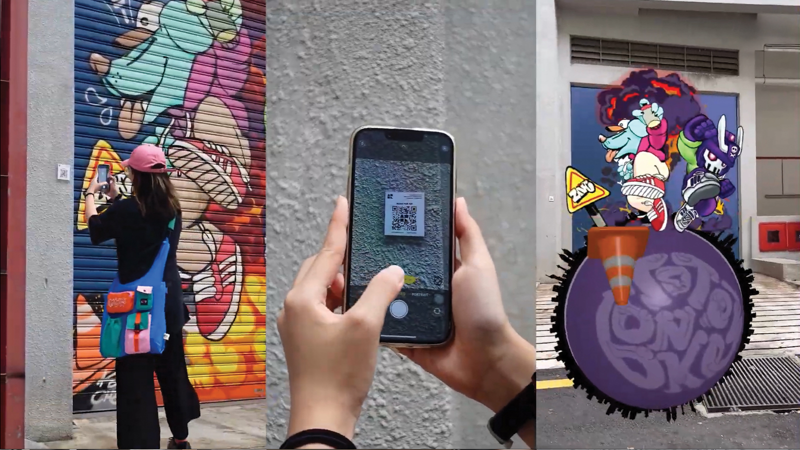 ARFestKL — augmented reality artwork rendered through a smartphone camera over a Kuala Lumpur cityscape