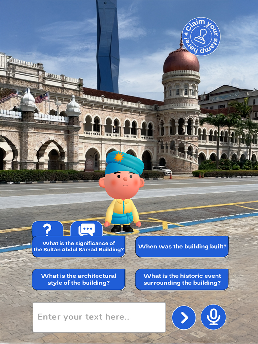 CheritAR × Think City — tourist interacting with an AI heritage avatar at the National Textile Museum