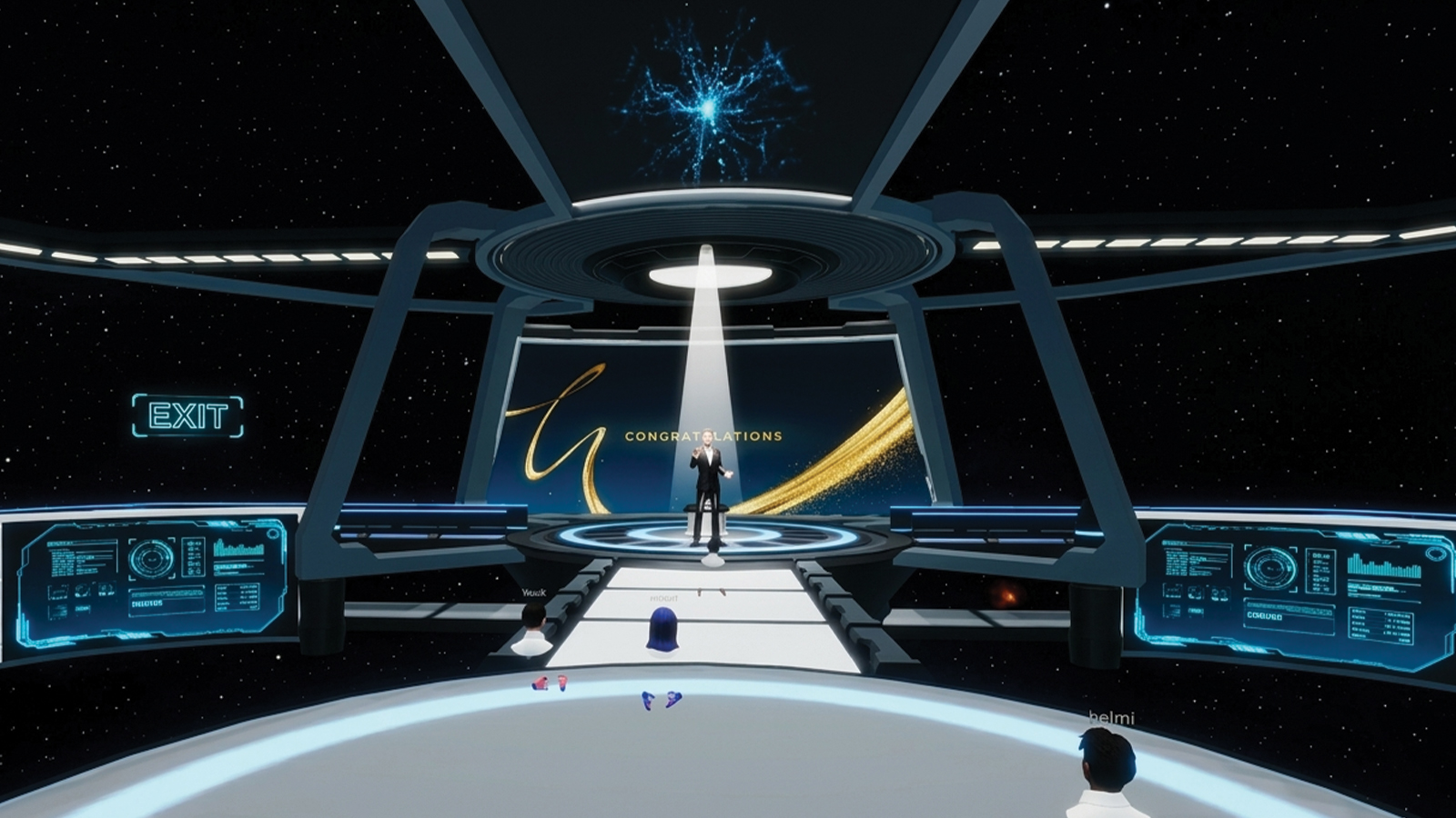MetaHRise — VR avatar interacting with MCMC brand-themed onboarding scenario inside the virtual workspace